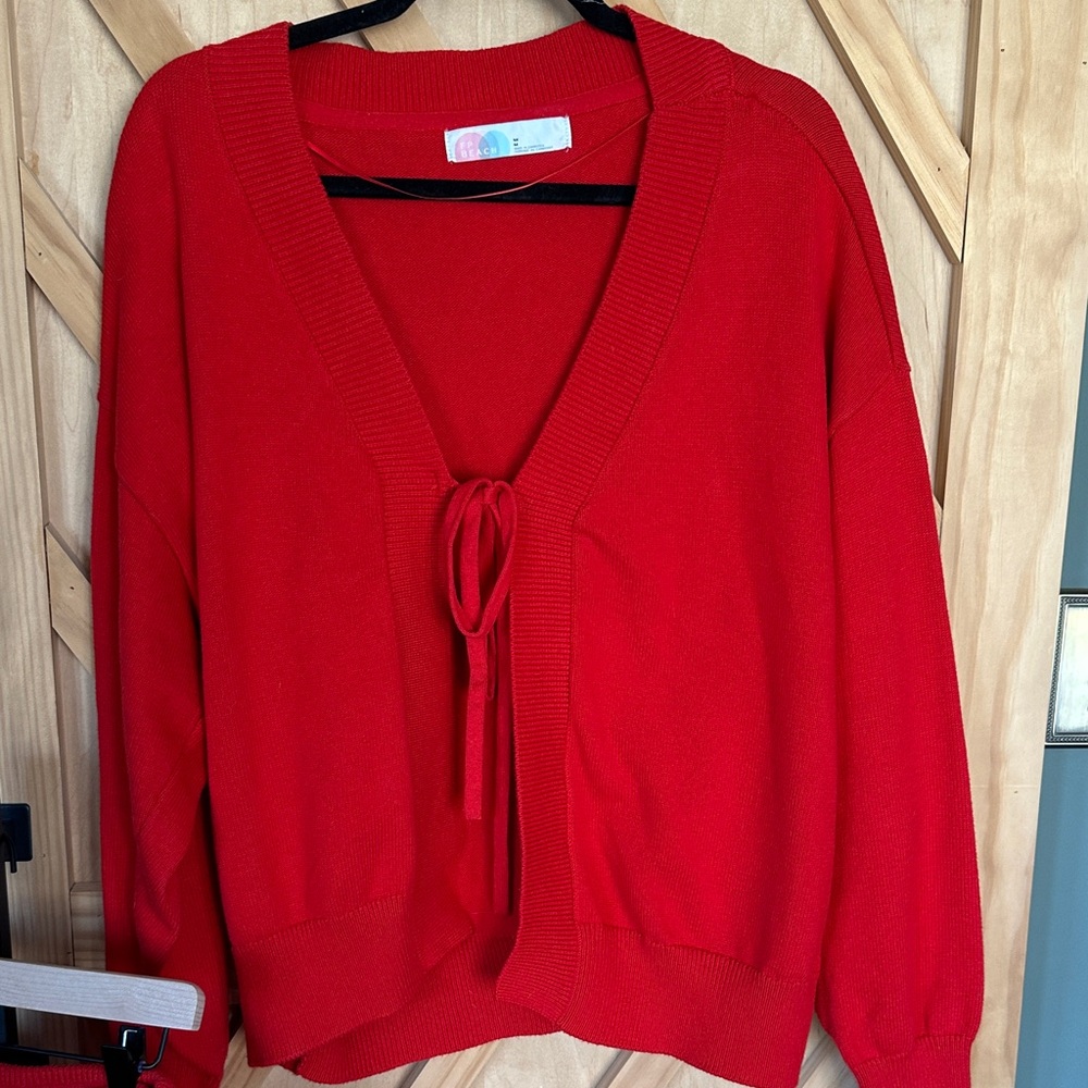 Red Women's Knit Cardigan and Wide-Leg Pants Set - Picture 4 of 6